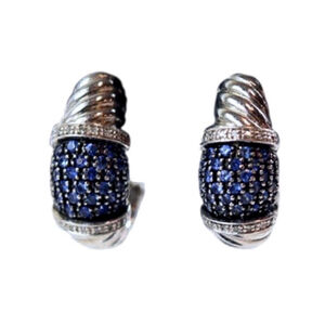 Blue Sapphire Diamond Accented Omega Back Sterling Silver Cable Design Earrings